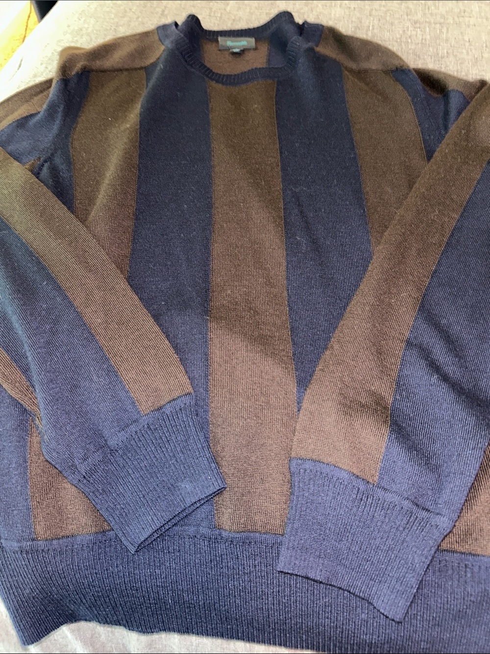 Faconnable Men's Navy and Brown Vertical Stripe Crewneck Sweater